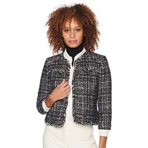 Nine West Black & White Tweed Fringe-Trim Cropped Blazer